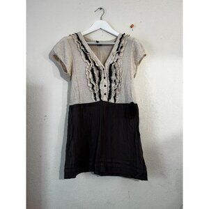 One September Womens Black Short Sleeve Ruffle Tunic Dress Large Linen Cotton